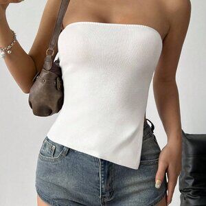 Asymmetrical Ribbed Knit Strapless Top